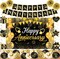Happy Anniversary Decoration - Black & Gold Banner Set with 18 Balloons, Swirls & Pom Poms (Black, Gold)